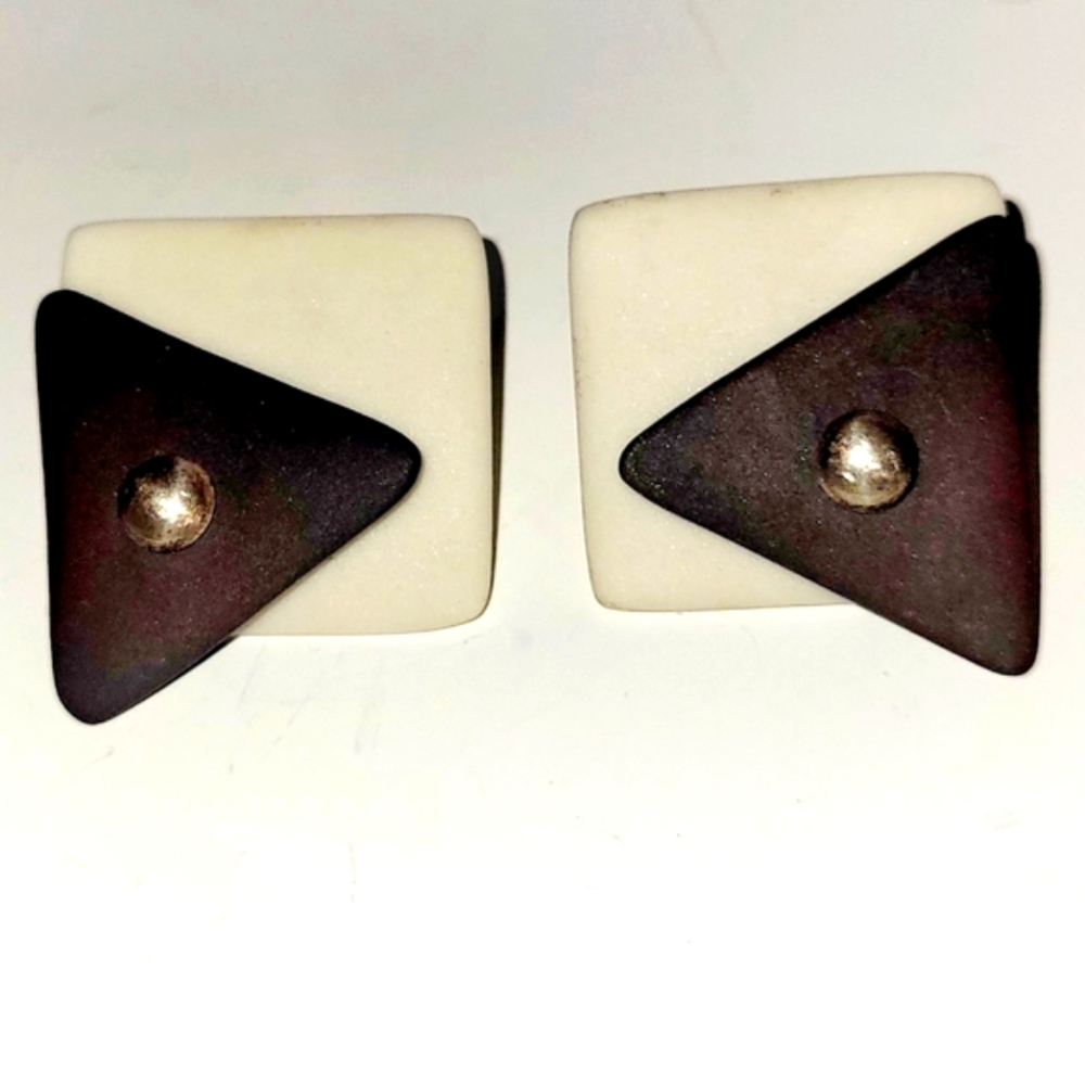 Ceramic Geometric Art Black & Ivory w/Brushed Silver Stud Earrings, Handmade